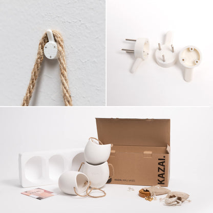 Kazai. Wall Planters -Ellie- | Hanging Ceramic Plant Pots 3 Pieces | Wall Decoration for Indoors, Balcony and Garden | White (Matte)