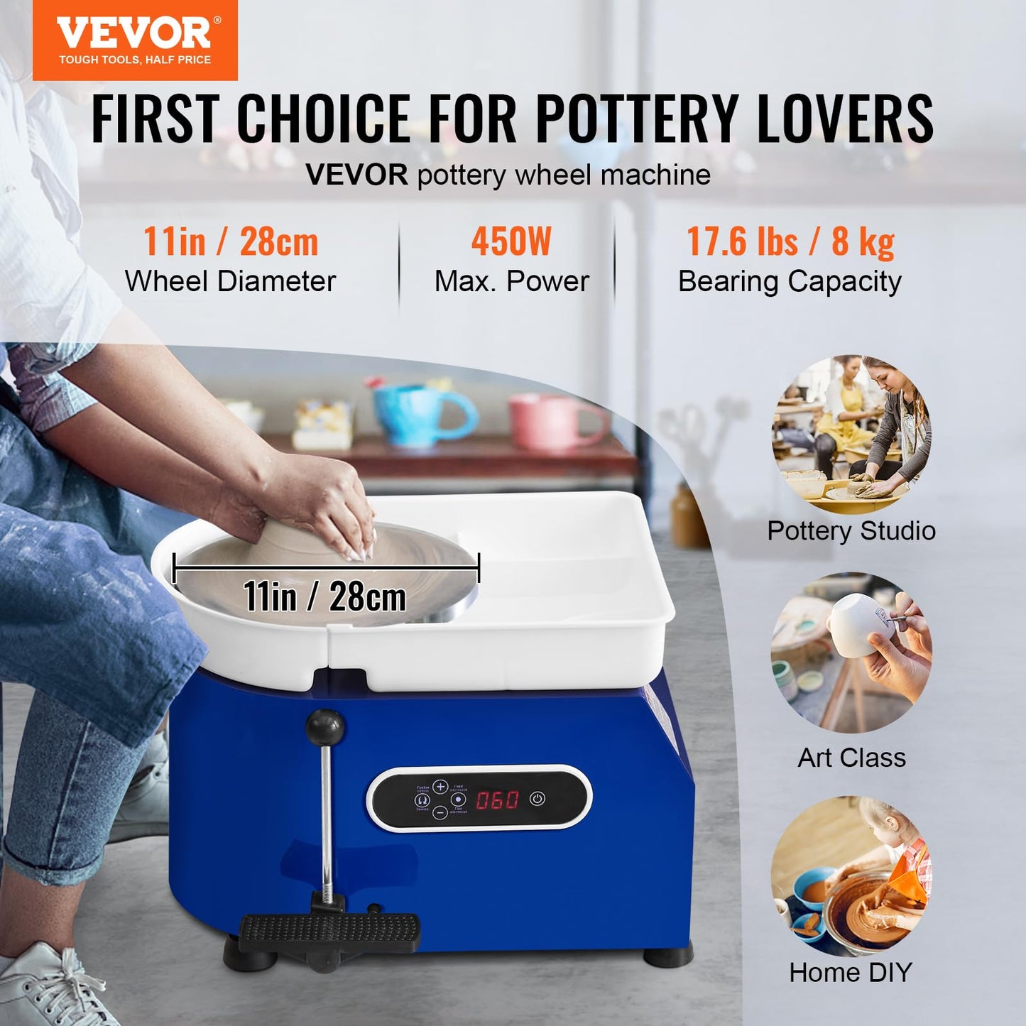 VEVOR 11in Pottery Wheel for Adults Beginners, 450W Ceramic Wheel Forming Machine With LCD Touch Screen, Adjustable 60-300RPM Speed Handle and Foot Pedal Control, 32PCS Accessory Tools Kit, Craft Gift