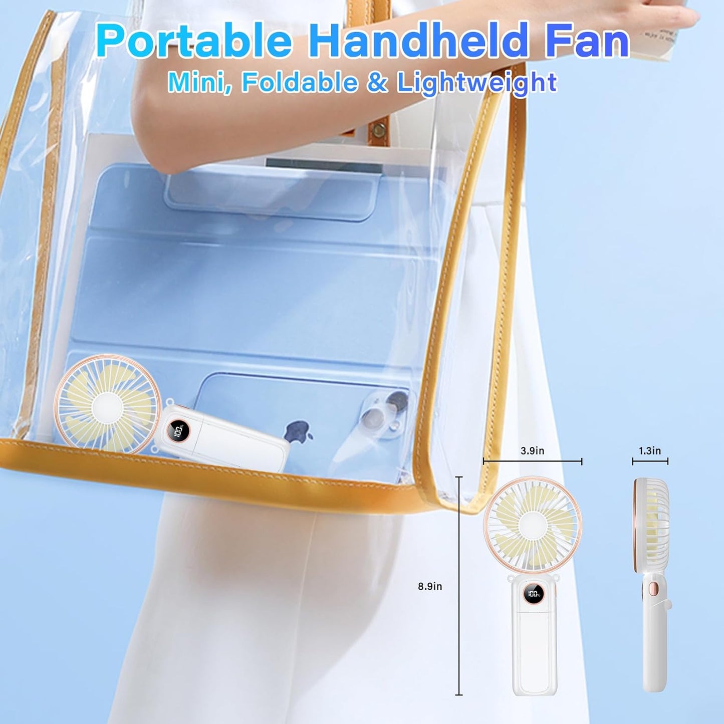 Portable Handheld Fan, 5200mAh Rechargeable, 180° Foldable Mini Hand Held Fan, Max 22 HRS Working, 6 Speeds, Quiet