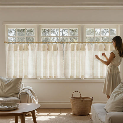 jinchan Linen Pinch Pleated Kitchen Curtains 30 Inch 2 Panels, Natural Linen Tier Curtains Back Tab Farmhouse Cafe, Light Filtering Small Window Drapes for Bathroom Laundry Room Beige