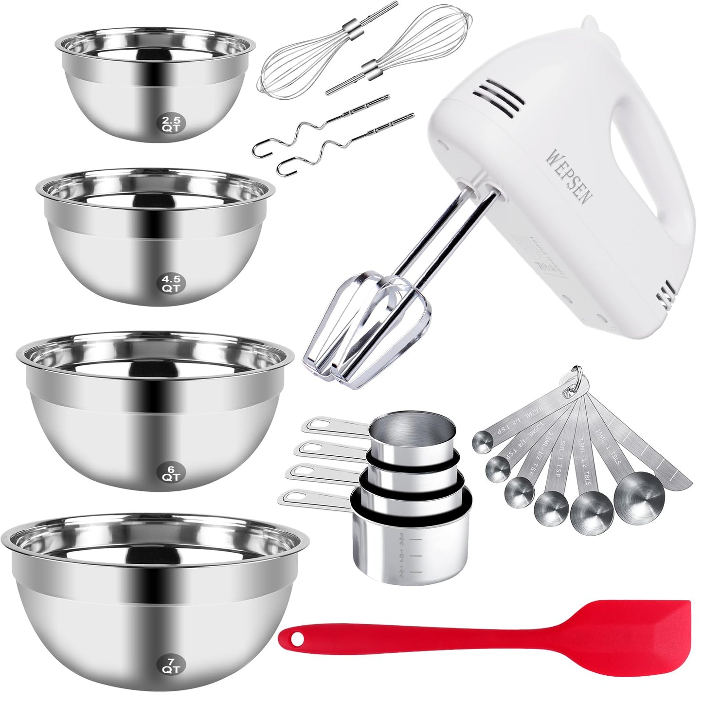 5-Speed Electric Hand Mixer, 4 Large Mixing Bowls Set, Handheld Mixers with Whisks Beater, Stainless Steel Metal Nesting Bowl Measuring Cups Spoons Kitchen Cake Blender for Baking Supplies