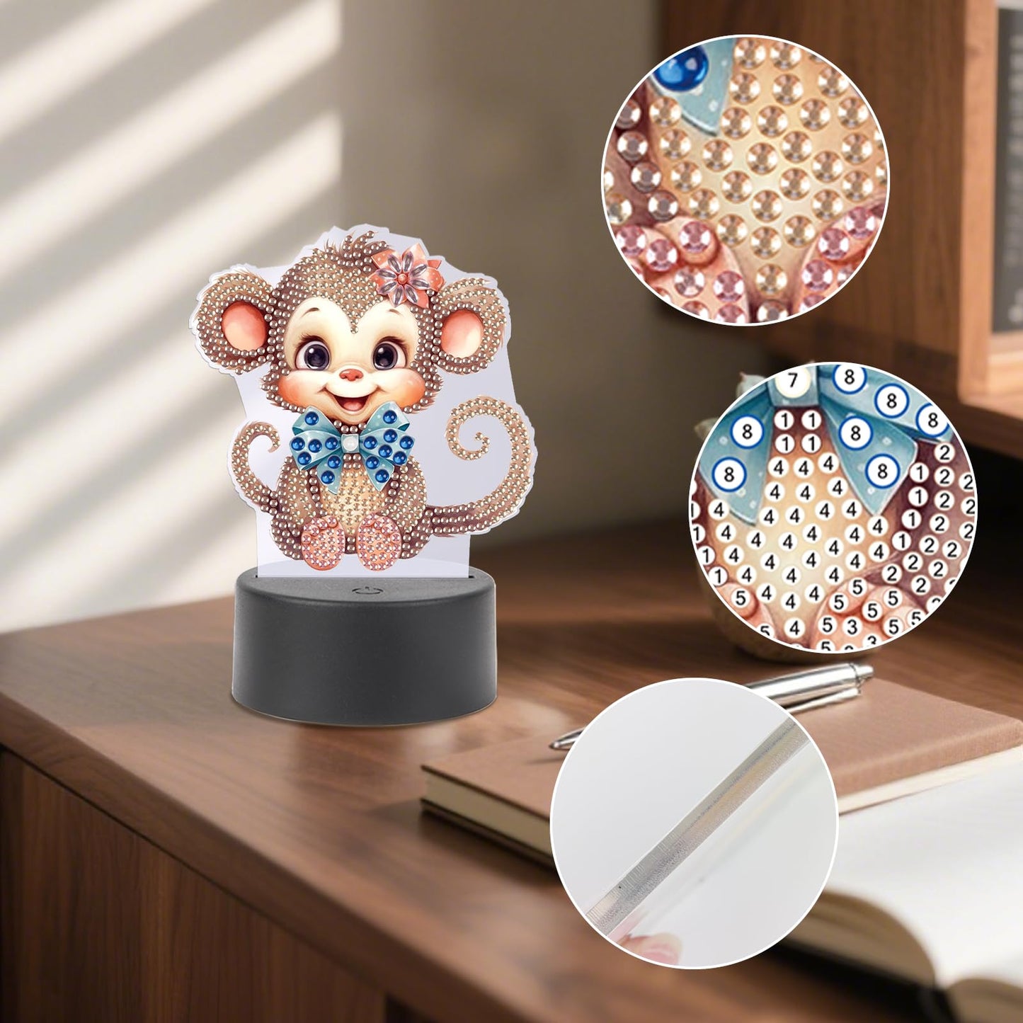 JZHYOAN Monkey Diamond Painting Night Light DIY Gem Painting Table Lamp Diamond Art Table Lamp Gift Light up Art Ornaments for Table Desk Bedroom Mosaic Cross-Stitch Set for Adult