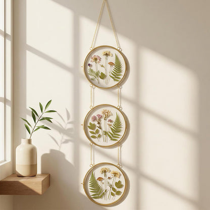 FOCHIER F Pressed Flower Frames with Tweezers,Wall Hanging Double Glass Frames with Metal Chain for Pressed Dried Flowers,Gold Picture Frame with Plants Golden Tabletop Décor, Horizontal and Vertical