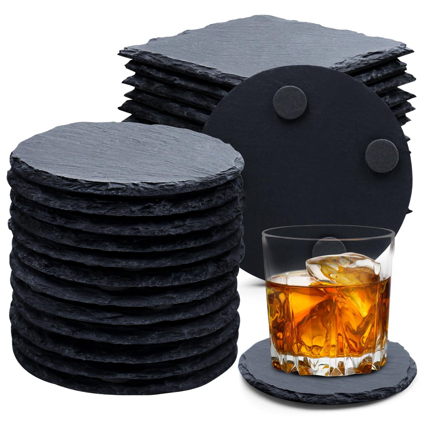 24 PCS Slate Drink Coasters, Cymuber 4 Inch Black Coasters Stone Cup Coaster Bulk Set, Laser Engraving Blanks Handmade Coaster for Halloween, Christmas, Home Decor Drink Bar Kitchen Gifts