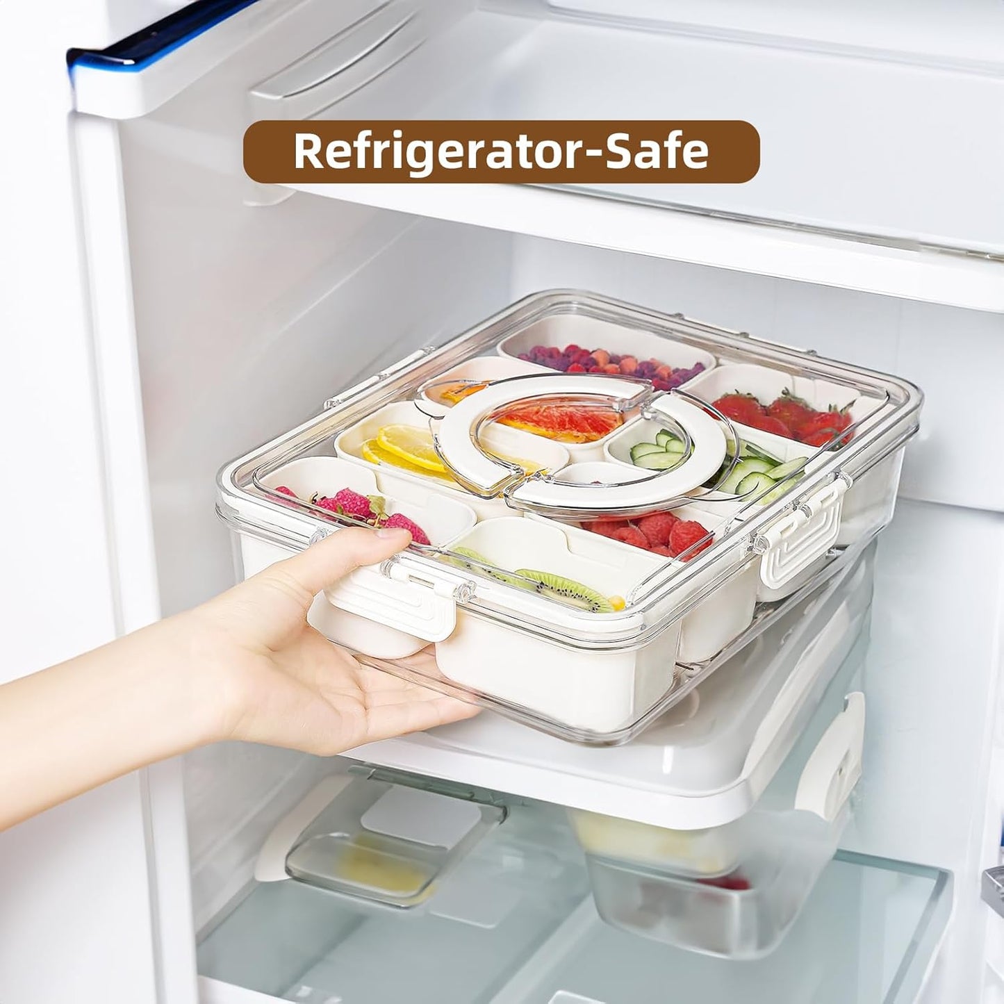 Snackle Box Charcuterie Container - Divided Serving Tray with Lid and Handle, 8 Compartment Portable Snack Box
