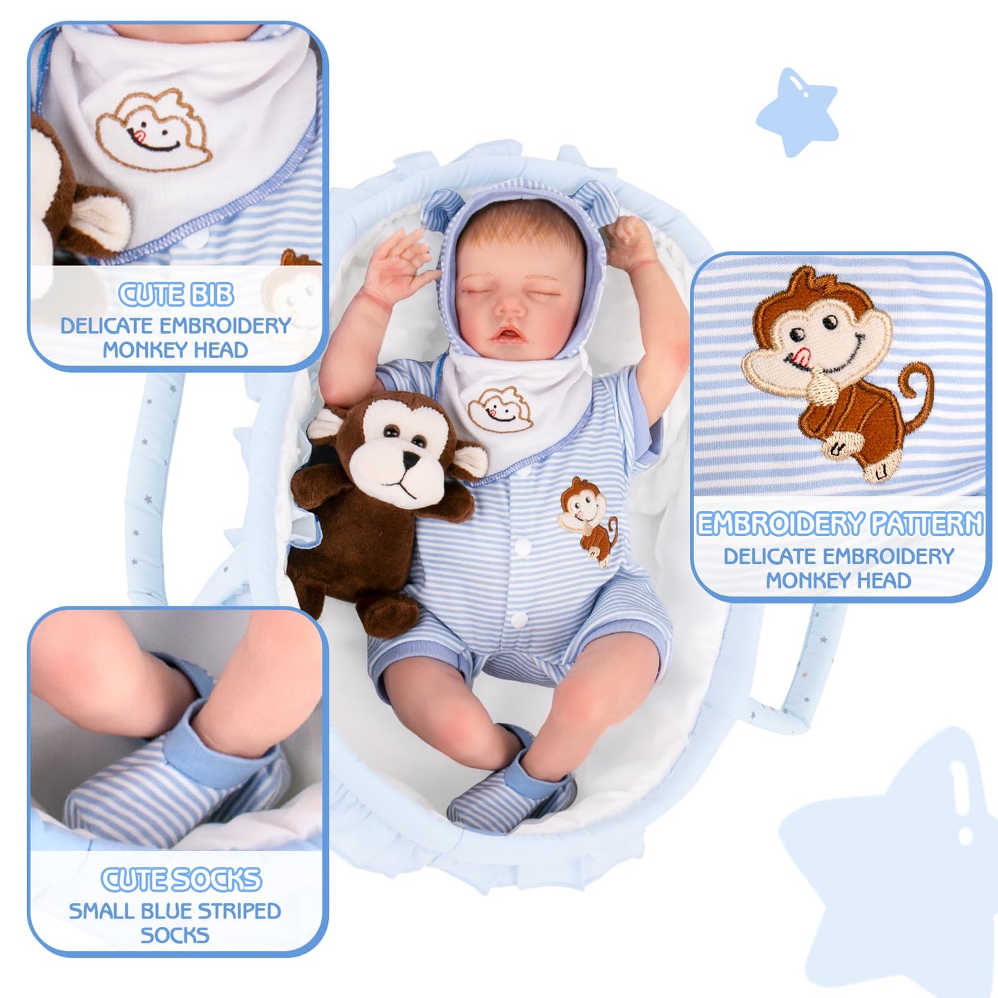 Aori 7 Pcs Reborn Baby Dolls Outfit Set with Bassinet Accessories for 16-18 Inch Newborn Doll, Blue Carrier Bed and Baby Clothes fit Newborn Doll