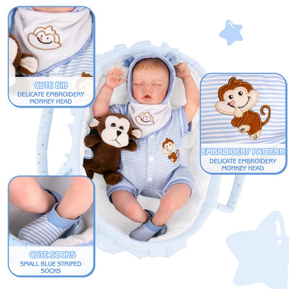 Aori 7 Pcs Reborn Baby Dolls Outfit Set with Bassinet Accessories for 16-18 Inch Newborn Doll, Blue Carrier Bed and Baby Clothes fit Newborn Doll