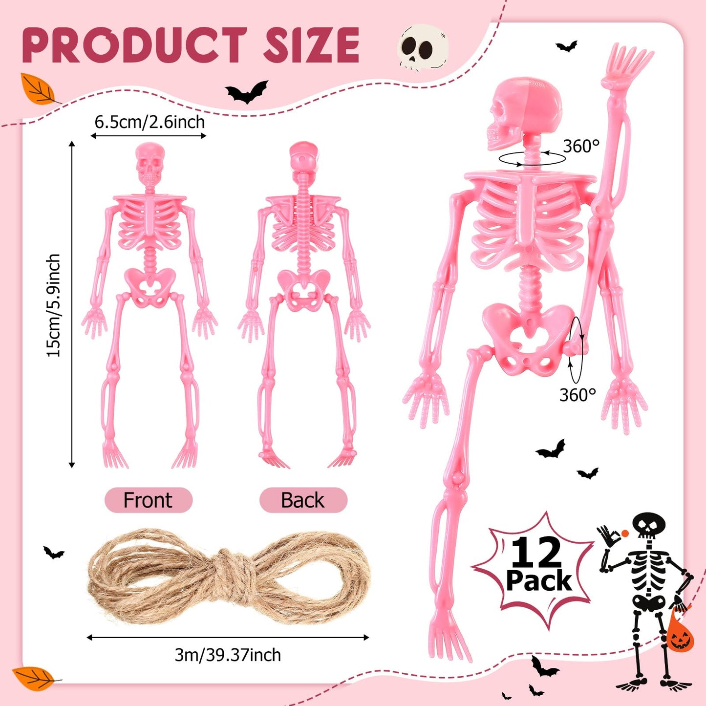Jetec Halloween Mini Skeleton Pink Decor with Jute Rope 6 Inch Small Skeletons Plastic Skeleton Decorations for Craft Accessories Party Favors (12 Pcs)