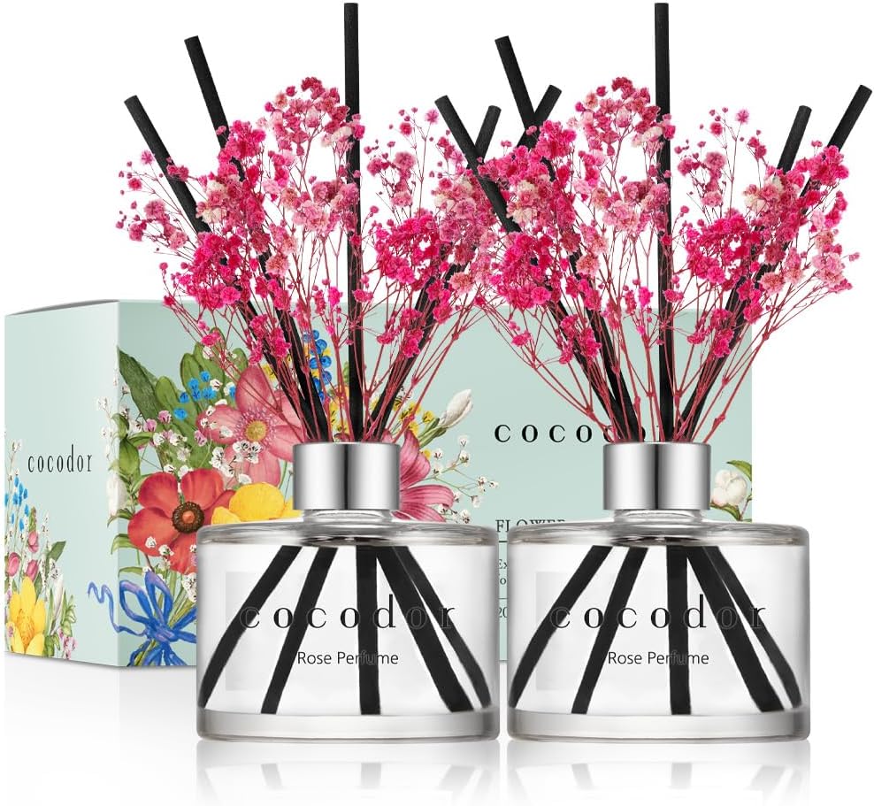 COCODOR 2 Pack Preserved Real Flower Reed Diffuser Set, 6.7oz (200ml) Rose Perfume, Oil Diffuser & Sticks