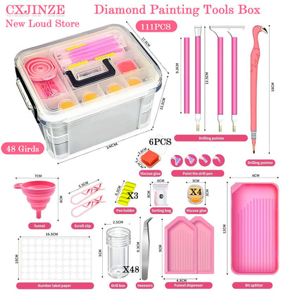 CXJINZE Diamond Painting Tools Accessories Storage-Kit - 111Pcs 5D Set Portable Tool Box with Handle Craft Jewelry Bead Storage Pink Box Art Trays for Diamond Painting Accessories and Tools
