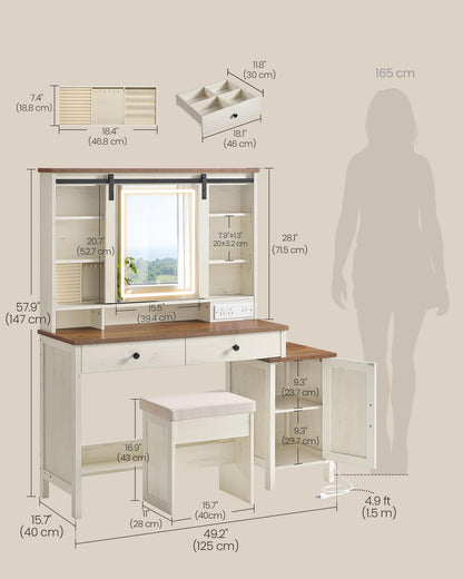 VASAGLE LIRY Collection - Vanity Desk with Mirror and Lights, Farmhouse Makeup Vanity with Stool, Charging Station, 2 Drawers, Jewelry Storage, for Bedroom, Rustic White and Honey Brown URDT135W01S