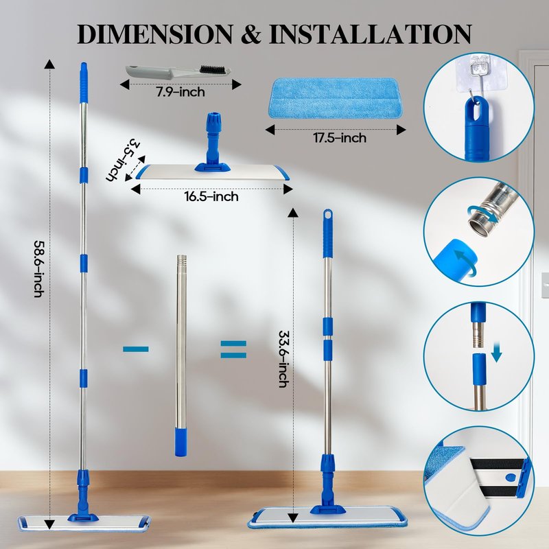 17.5'' Microfiber Mop for Floor Cleaning-Blue Flat Floor Mop with 58'' Stainless Steel Handle- 4 Reusable Washable Replacement Pads-Wet & Dry Use for Hardwood Tile Laminate-Home Kitchen Bathroom