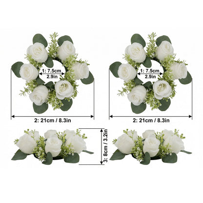 A Set of 6 White Rose Candle Wreath Rings with Artificial Floral Candle Holders and Wreaths, Ideal for Wedding Centerpieces for Tables, Party Candle Arrangement Setups