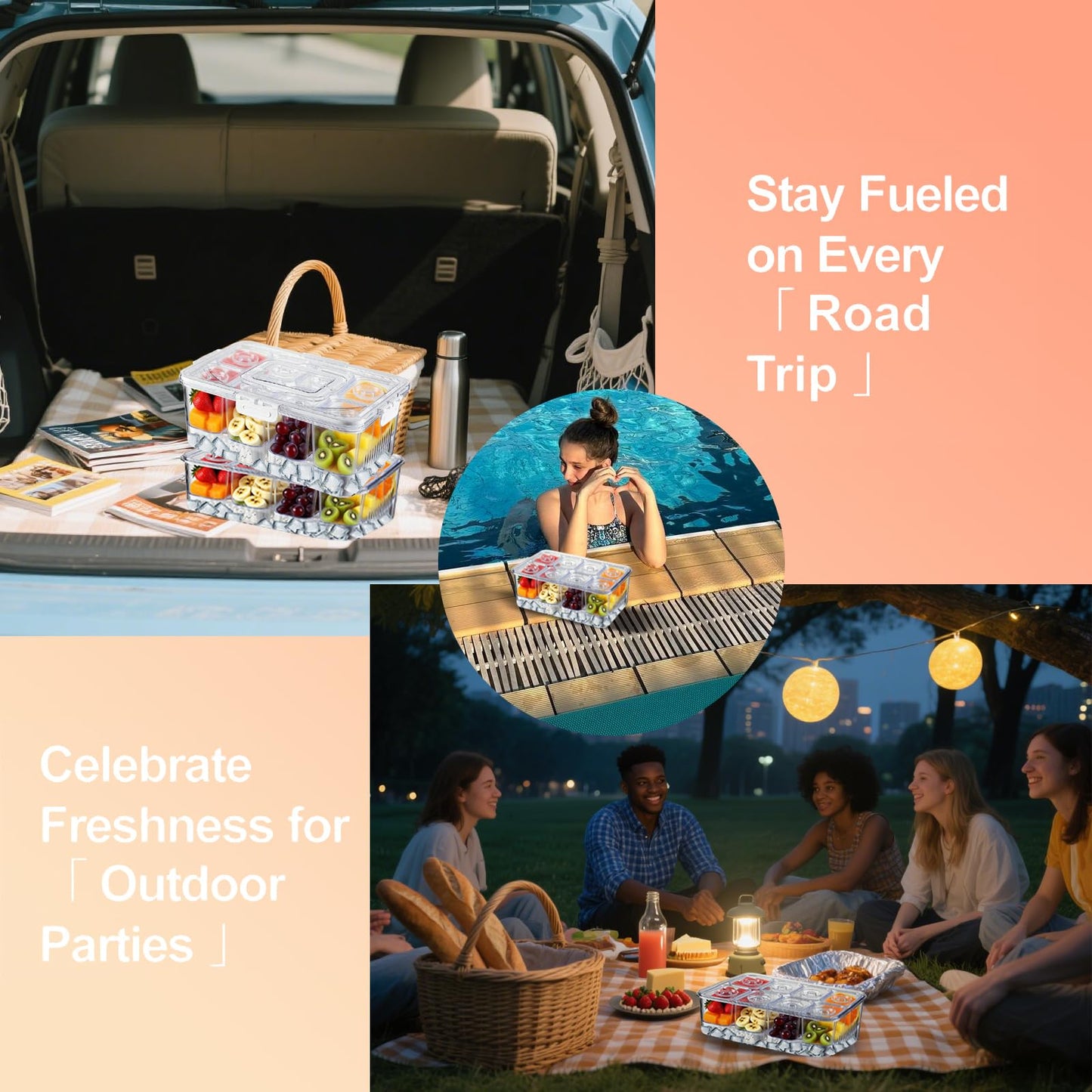FZBJS Chilled Snackle Box Container with Ice Tray - 8 Compartment Serving Tray with Lid & Handle, Leak-Proof & Odor-Free Snack Box, Portable Cold Food Platter for Picnic, Party, Travel, Road Trip