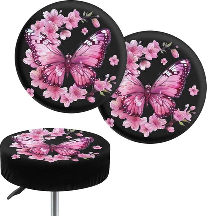 Peach Blossom Bar Stool Covers, Removable Washable Butterfly Print Round Stool Cushion Covers for Dining Room Set of 2