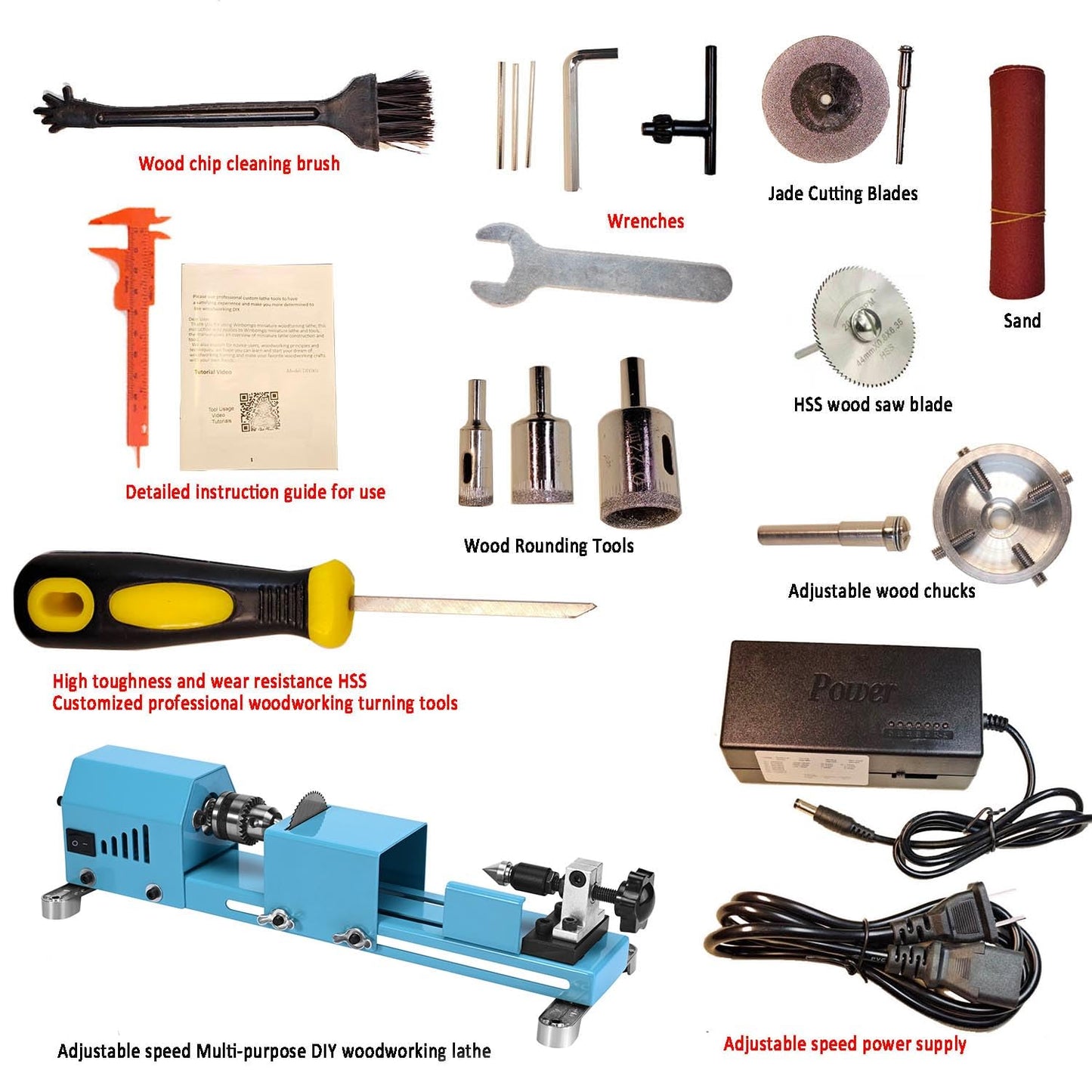 Mini Wood Lathe Machine Multi-Purpose Upgraded And Lengthened Processing Diameter 11inch Support Turning Cutting Sanding Polishing Wood, Professional Customized Tool Accessories