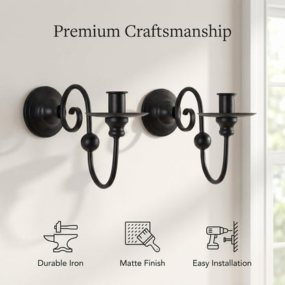 Set of 2 Black Wall Sconces Candle Holder, Modern Farmhouse Metal Wall Decor for Living Room Bathroom Dining Room, Matte Iron Scroll Wall Art Sconce for Pillar or LED Candles (8.6" x 5.9" x 3.5")