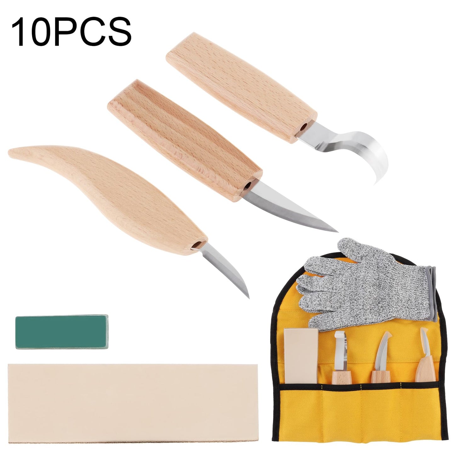 Omninmo Wood Carving Tools Set for Spoon Carving, Basic Detailed Carving Woodworkers Roll Leather Strop and Polishing Compound Hook Sloyd Detail Knife Left-Handed Spoon Carving Knives(with Gloves)