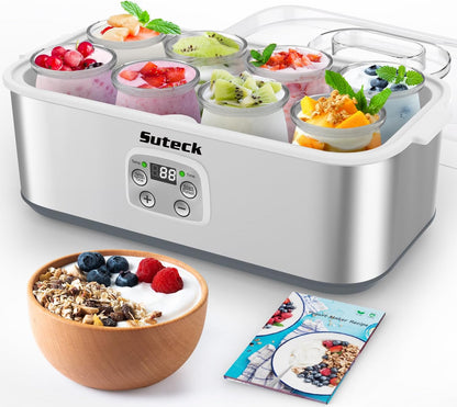 8 48 oz Suteck Yogurt Maker with Glass Jars, Time & Temp Adjustable Control Yogurt Machine, Homemade Greek & Probiotic