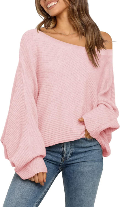 Mafulus Women's Oversized Crewneck Sweater Batwing Puff Long Sleeve Cable Slouchy Pullover Jumper Tops