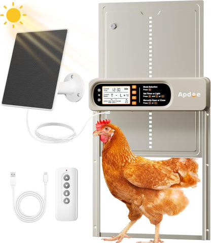 Anti-Pinch, 4 Automatic Chicken Coop Door Solar Powered with Timer, Light Sensor, Remote Control, Waterproof, Aluminum