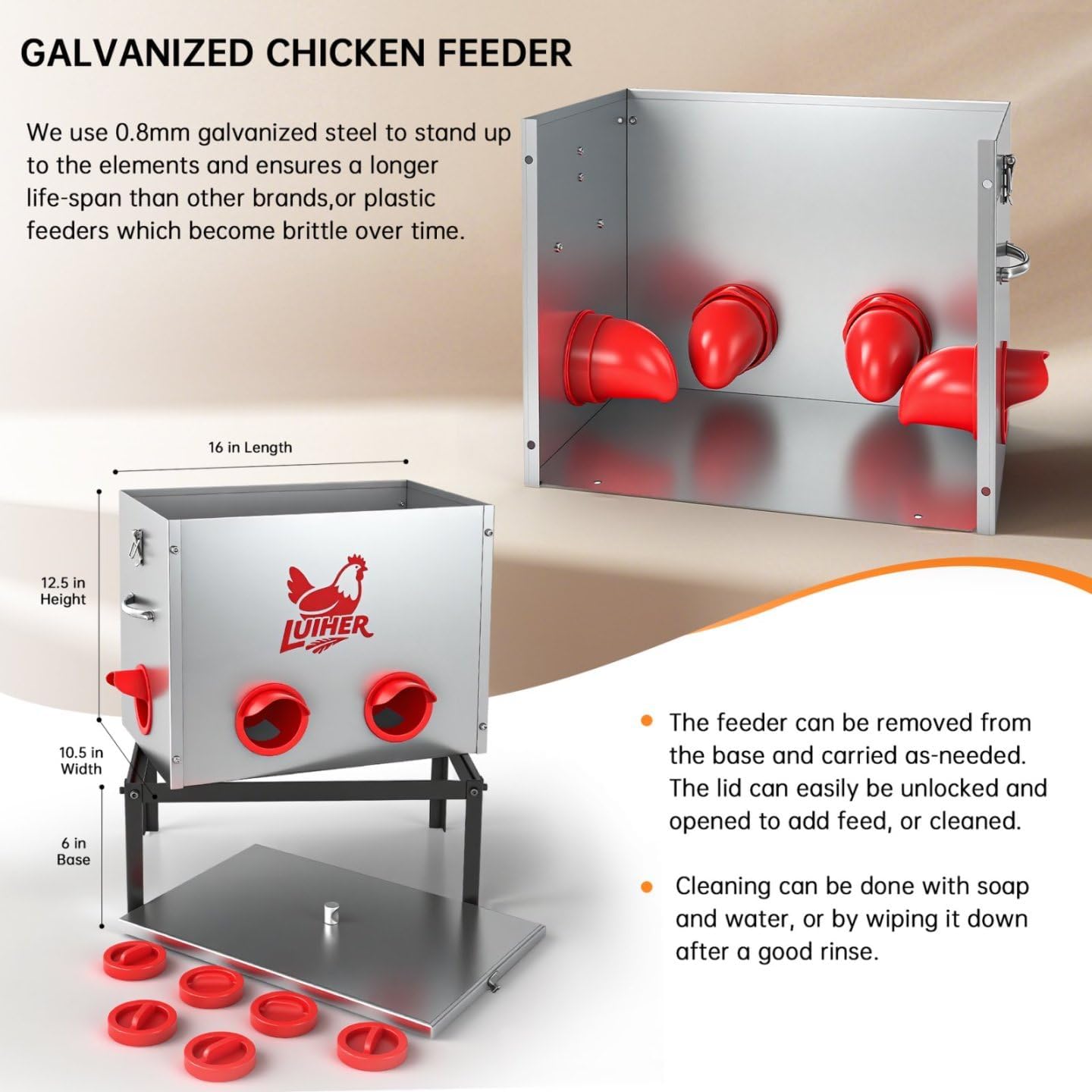 LUIHER 40lb 6 Chicken Food Dispenser Ports Large Capacity Galvanized Metal Poultry Feeder with Legs and Lids - Reduces