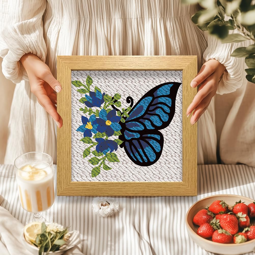 BEUNITONE 2 Sets DIY Punch Needle Kits for Beginners,Butterfly Pre-Printed Pattern,Embroidery Punch Needle Starter Kits for Adults,Includes Pre-Printed Cloth,Yarns,Hoops,Threader and Instructions