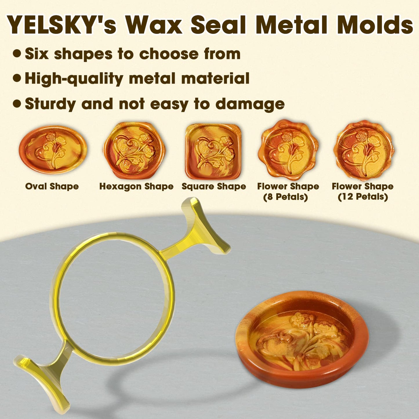 Yelsky 6PC Metal Wax Seal Kit with Round Flower Oval Square Hexagonal Mold Shapes for Stamp, Silicone Mat for Sealing, Wax Mold for Wedding, Valentine's Day Cards/Letters