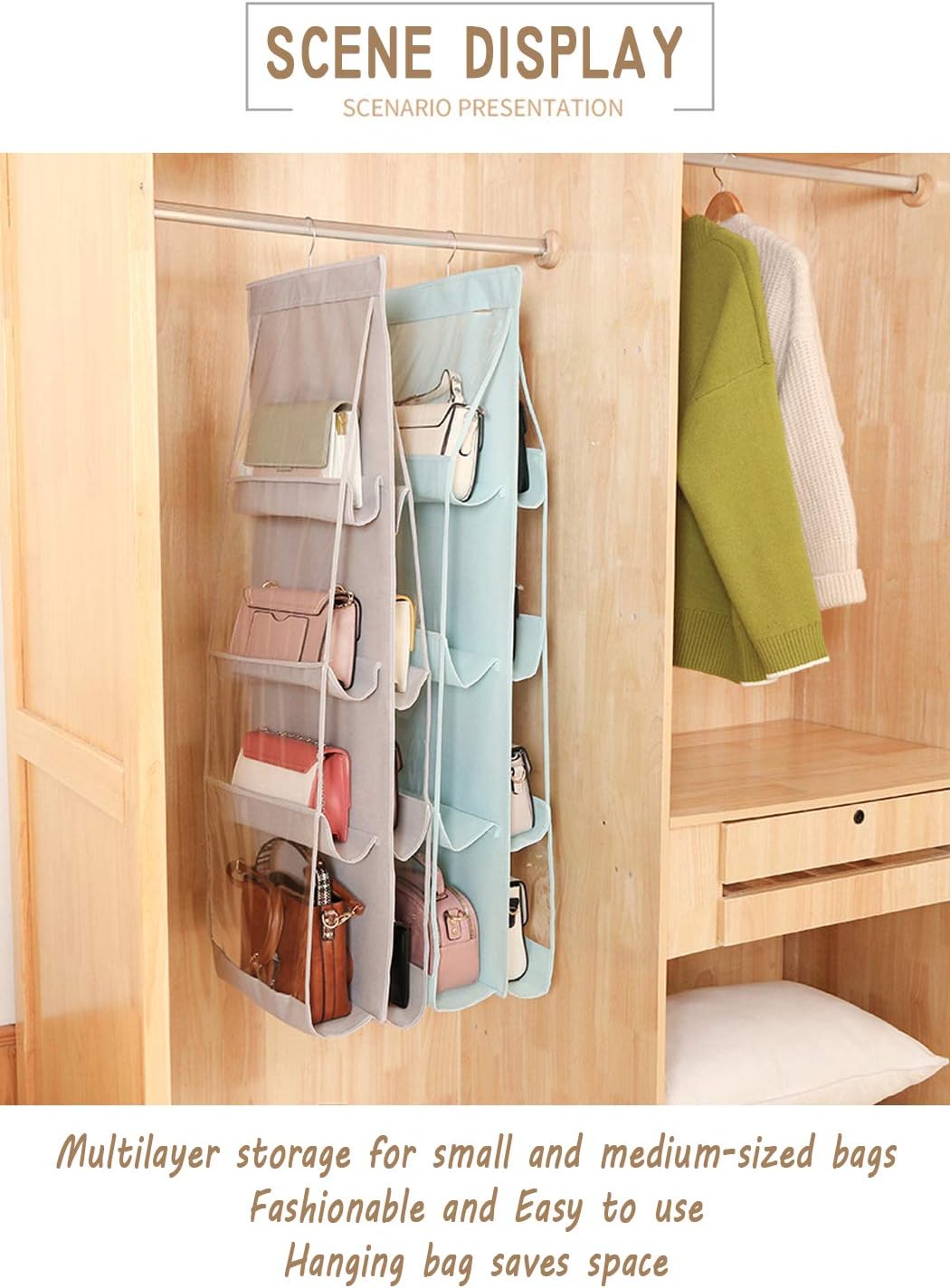 AARAINBOW 1 Pack Hanging Handbag Purse Organizer - 8 Pockets Space Saving Wardrobe Organizer, Light Pink