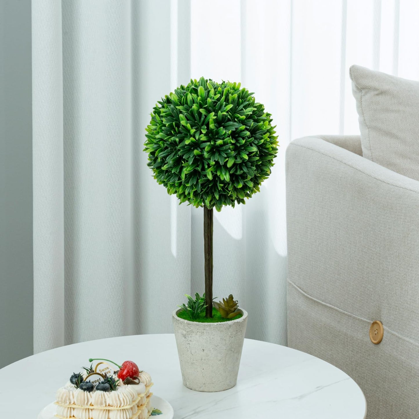 MyGift 15 Inch Boxwood Topiary Tree - 2 Pack Faux Plant Balls in Gray Pulp Planter, Tabletop Home Décor