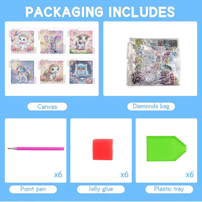 Bzconxin 6Pack Diamond Painting Kits,Cute Fantasy Cartoon Animal Diamond Painting Kits for Kids Ages 6-12,DIY Diamond Crystal Rhinestones Painting Kits for Home Wall Decor Gift 6 X 6inch