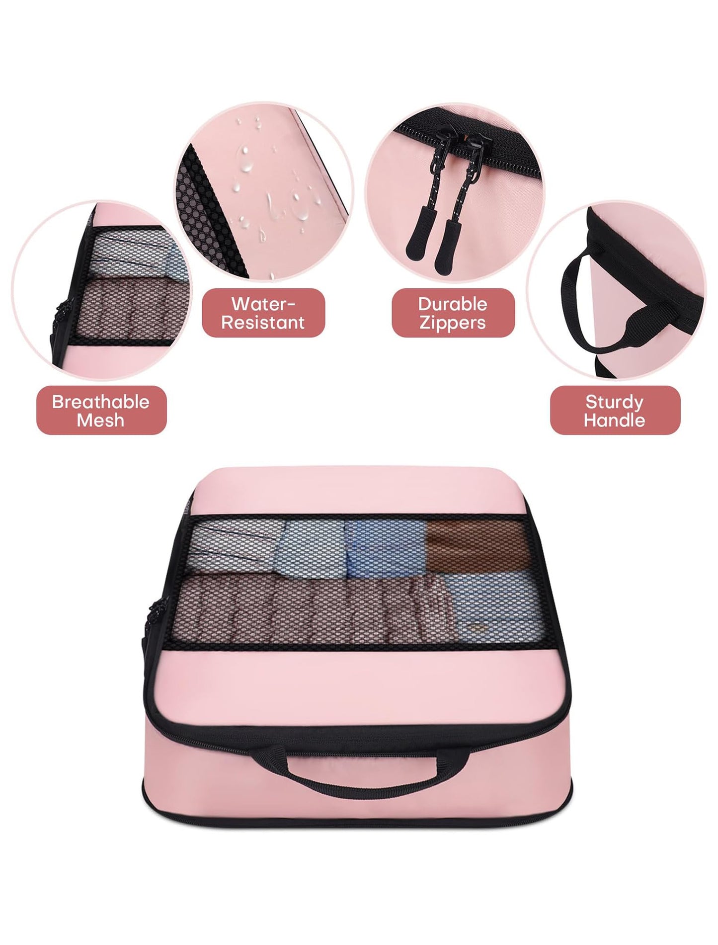 SDGFUI 6 PCS Set Compression Packing Cubes for Travel, Lightweight Packing Organizer Bags Travel Essentials for Carry On, Suitcase, Home Closet - Pink
