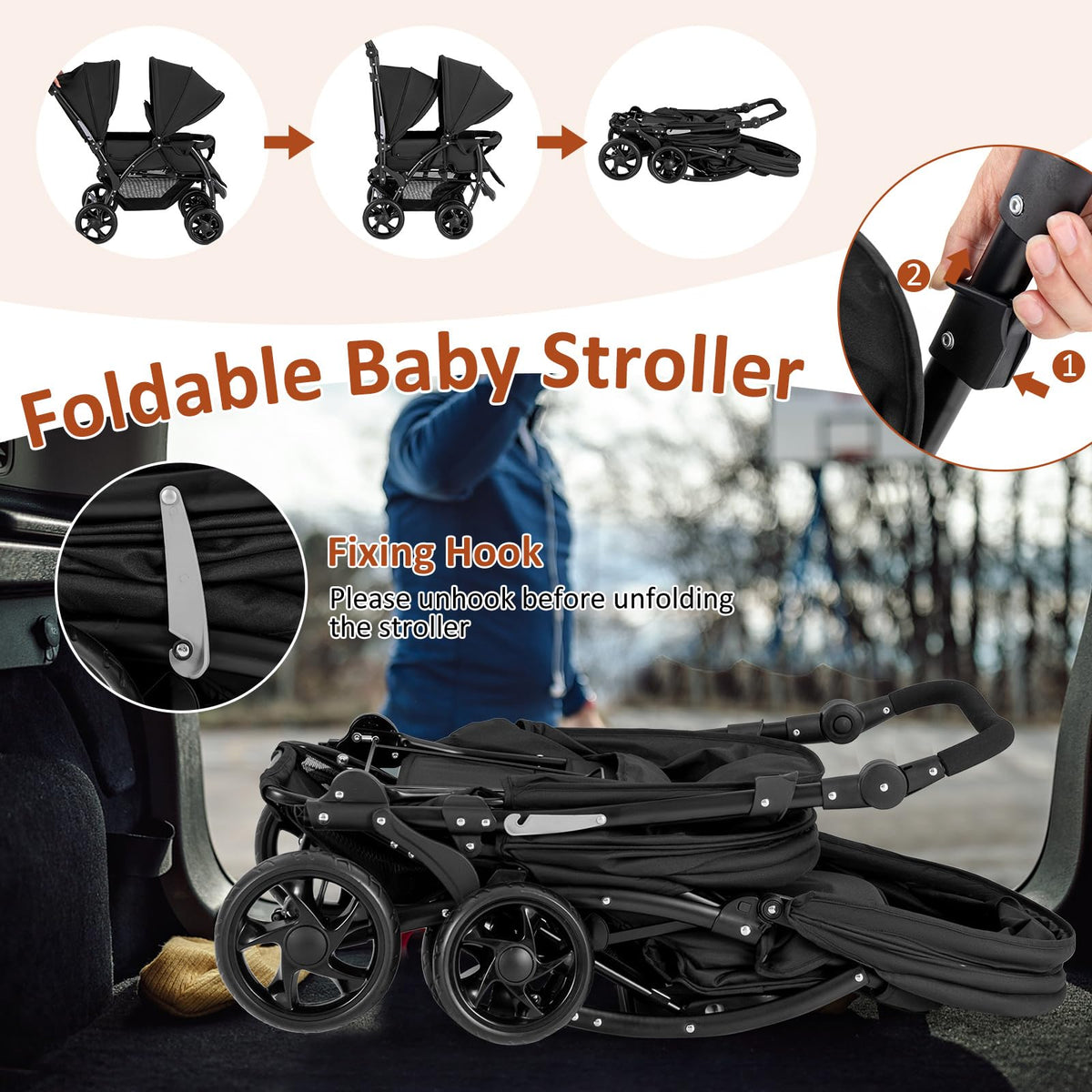 GLACER Foldable Twin Stroller, Double Baby Stroller w/Multi-Level Backrest, Canopy, Handle & Footrest, Safety Belt & Brake System, Travel Tandem Seating Stroller w/Lockable Wheels (Black)