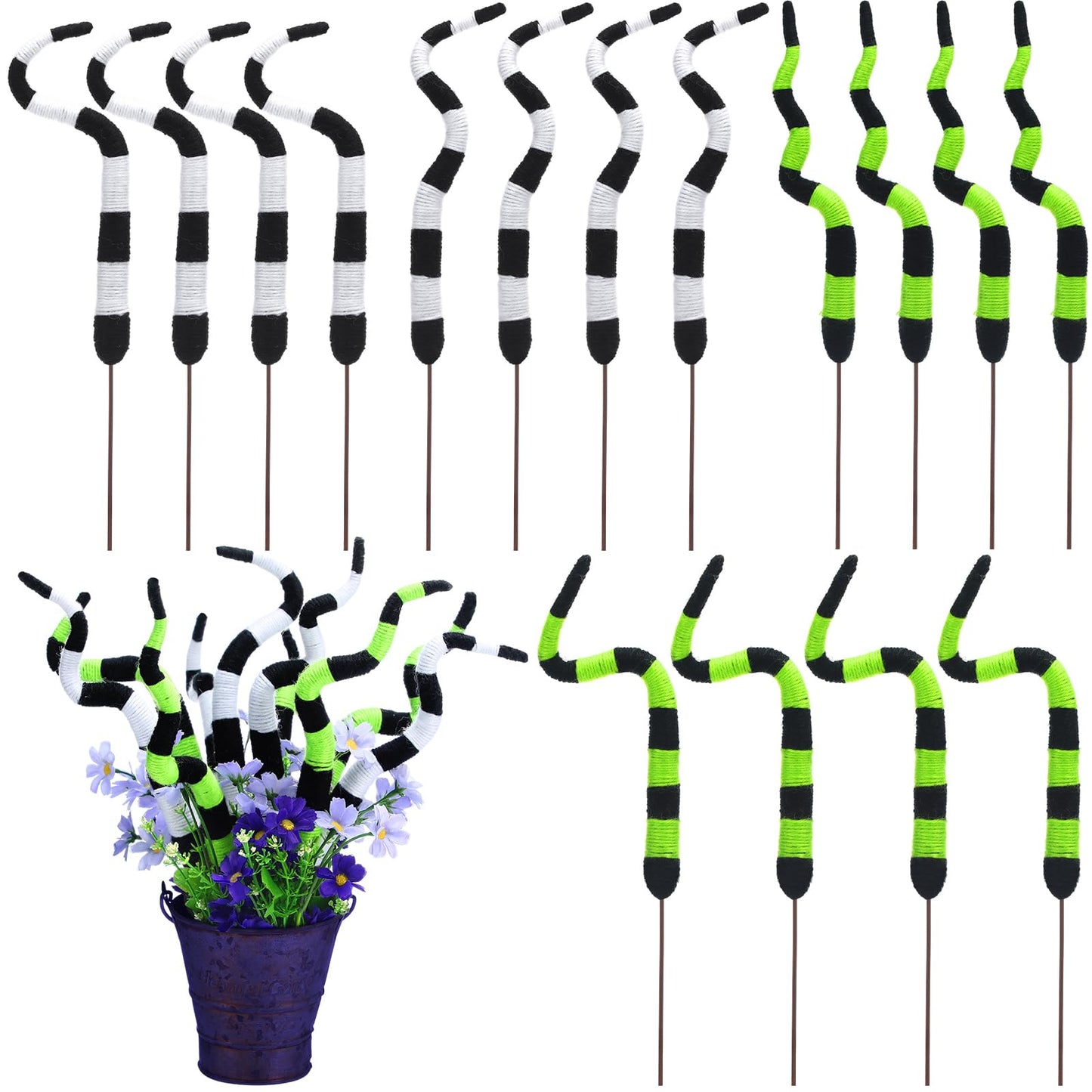Yalikop 16 Pcs 14 inch Halloween Decoration Halloween Plant Stakes Spooky Nightmare Worms Black and White Striped Plant Tentacle Picks for Front Porch Lawn Garden Decor