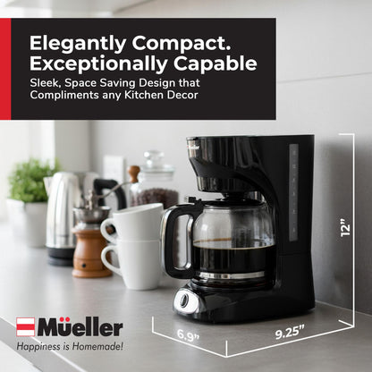 Mueller 12-Cup Drip Coffee Maker - Borosilicate Carafe, Auto-Off, Reusable Filter, Anti-Drip, Keep-Warm Function, Clear Water Level Window Coffee Machine, Kitchen Essentials & Accessories