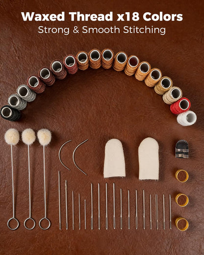 SakerNeo Leather Working Tools - 101pcs Stainless Steel & Wood Handle Sewing kit with 4mm Stitching chisels (1/2/4/6), 18 Waxed Thread, Hole Punch & Stamping Tools for DIY Wallet Belt Bag Repair