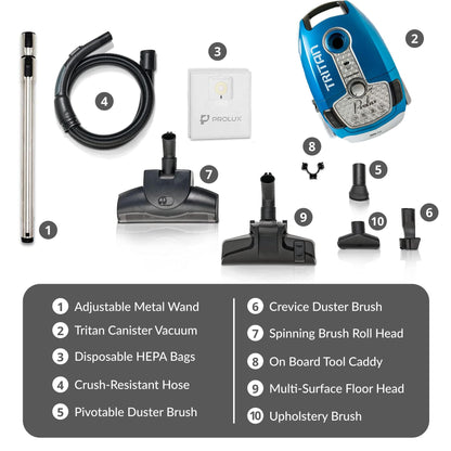 Prolux Tritan Bagged Canister Vacuum Cleaner, HEPA Filtration, Complete Home Care Tool Kit, Pet Hair No More, Adjustable Power Setting, Blue