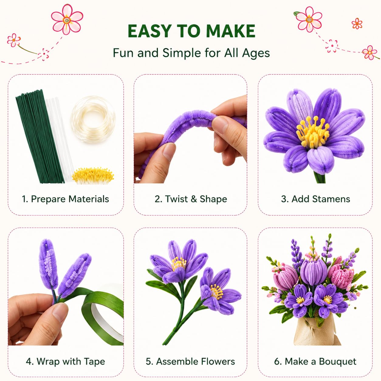 800PCS Pipe Cleaner Flower Kit, DIY Pipe Cleaners Craft Bouquet Making Kit with Floral Wires & Tape, DIY Chenille Stems Craft Supplies with Wrapping Paper & Ribbon for Home Decor