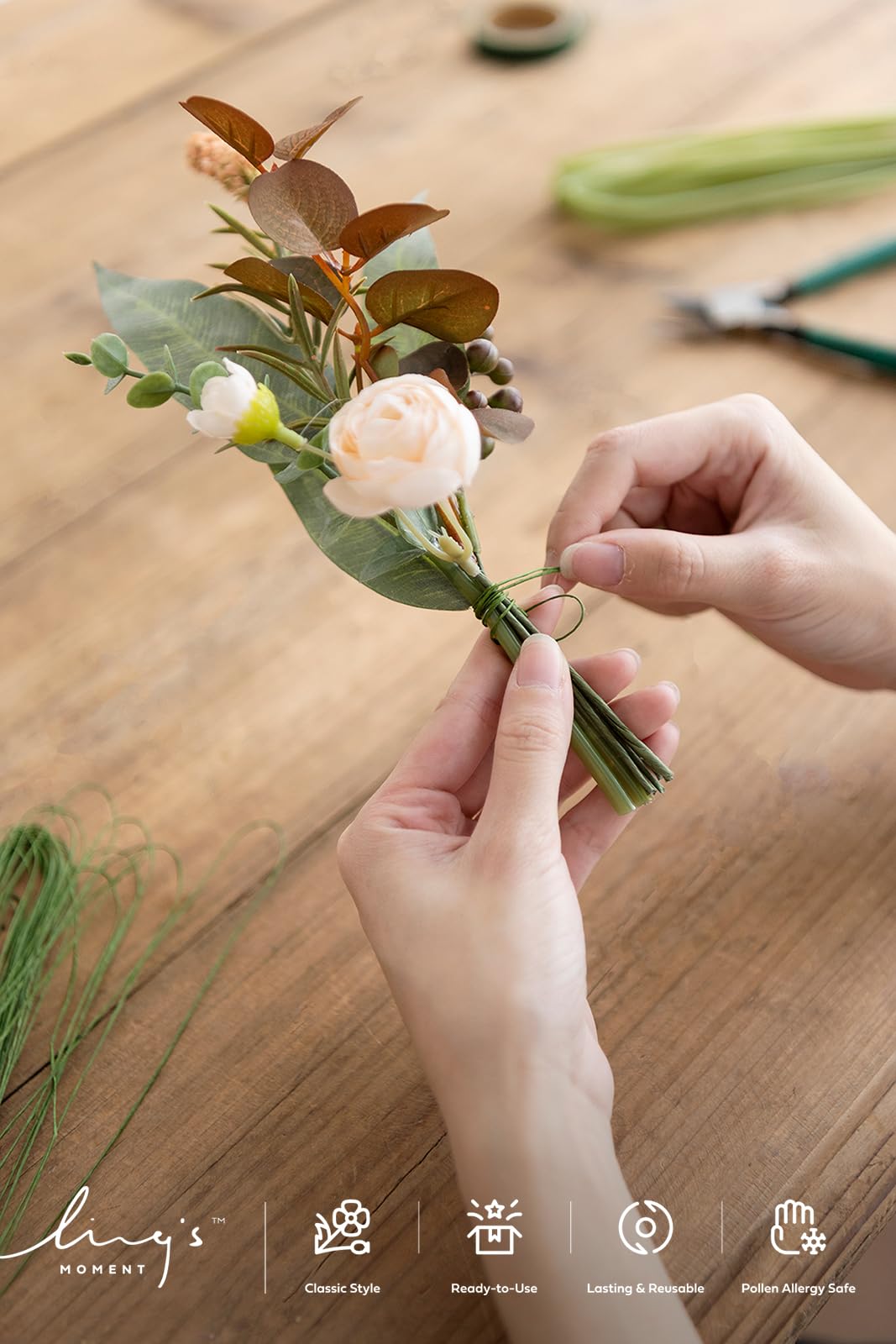 Ling's moment DIY Tools Set for Wedding, 7 Kinds of DIY Accessories Include Artificial Flower Stems Iron Wire Adhesive Hooksand Floral Tape Double Sided Tape Recyclable Cable Ties and Tubing