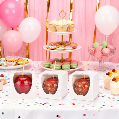 ZEAYEA 50 Pack 4"x 4"x 4" Candy Apple Boxes with Window and Sticks, Food Grade Caramel Apple Gift Boxes with Hole, Carboard Treat Favor Packaging for Halloween, Thanksgiving, Wedding, Party