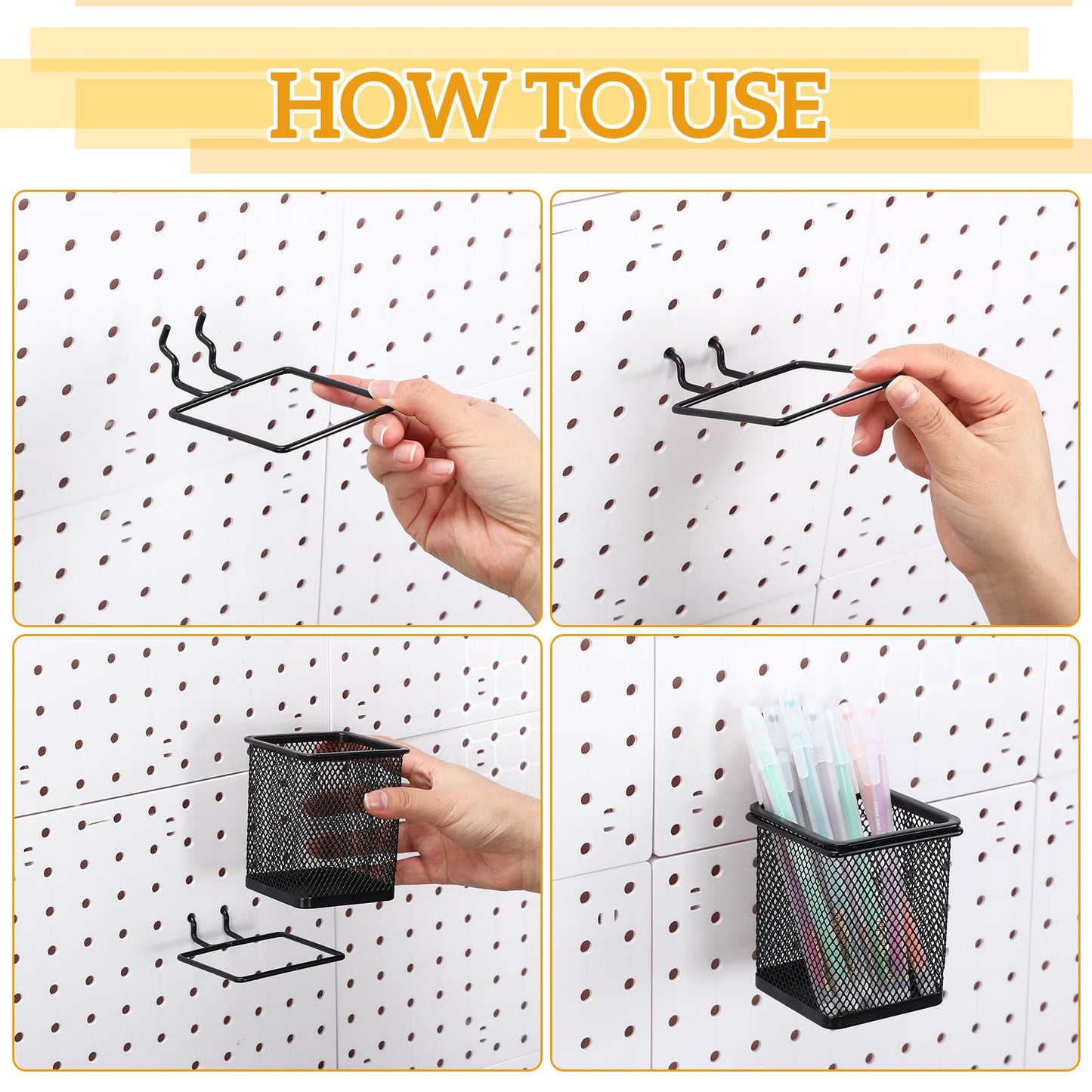 Colingmill 6 Sets Pegboard Cups with Hooks Pegboard Pencil Holder Bin Organizer Black Square Peg Board Accessories Metal Pencil Holder Cup for Home Office Workbench Craft Room Workshop Garage Tool