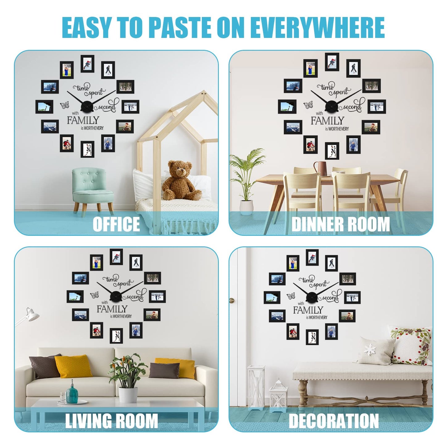 Sratte 3D Large Family Photo Clock Frame Wall Decor, 5 x 3.5 Inch Family Tree Decor, Paper Photo Frame DIY Clock Quote Wall Stickers Kit for Home Office Living Room Bedroom Mother's Day(Black)
