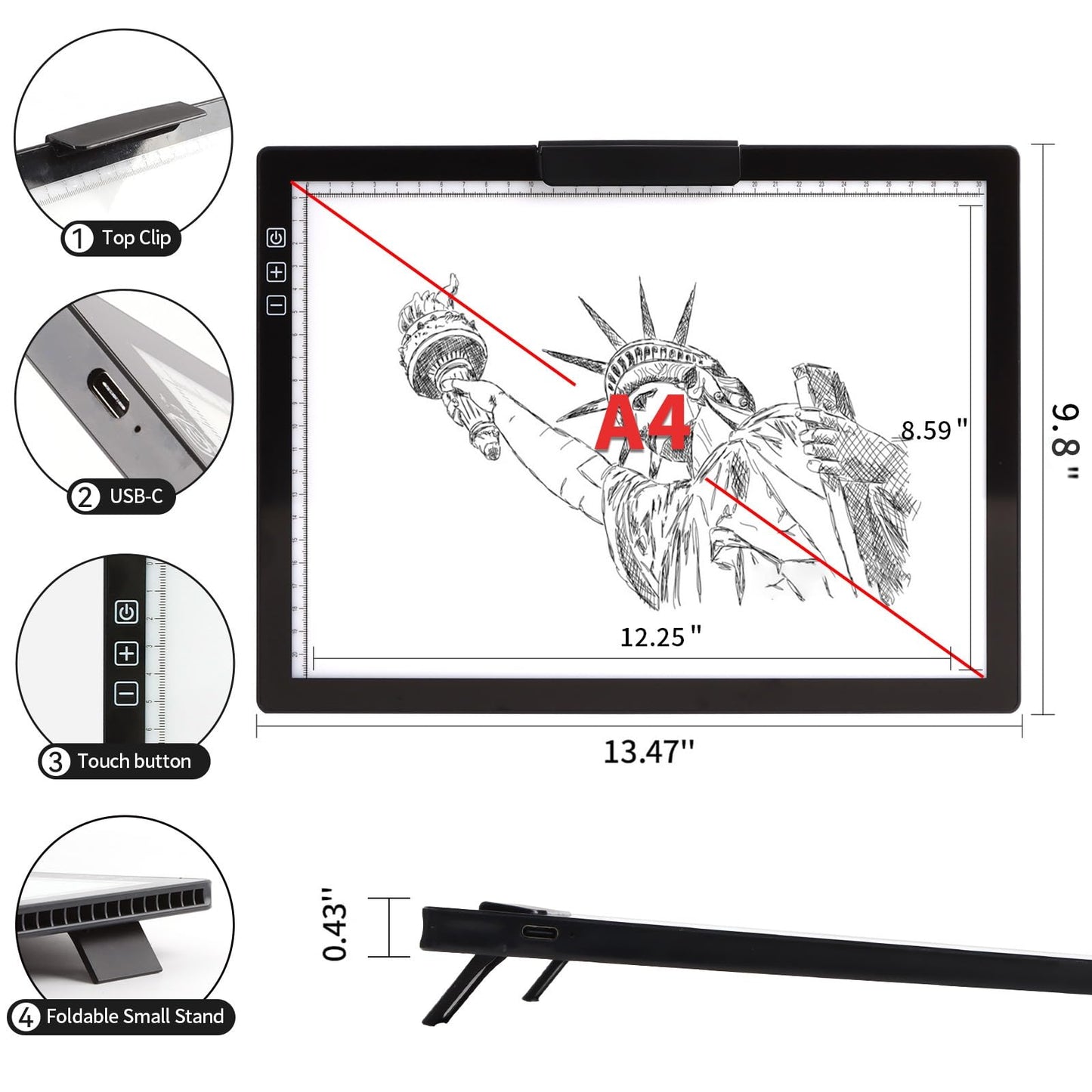 Rechargeable A4 Light Pad - Stepless Dimmable 6 Levels Brightness Tracing Light Box, Diamond Painting Light Board with Top Clip, Battery Powered Portable Light Pad for Weeding Vinyl Tracing