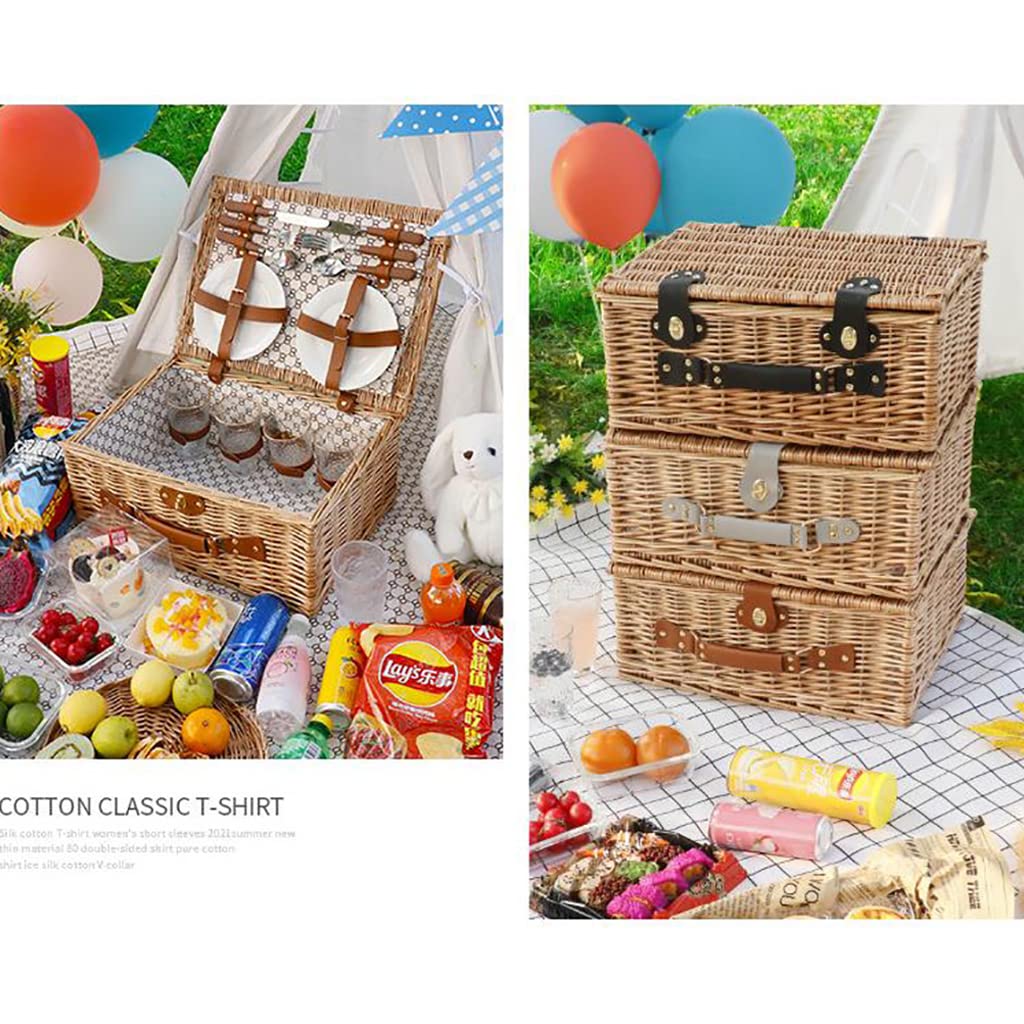 Storage Basket,4 Person Picnic Baskets - Luxury Wicker Hamper Sets -Premium Set with Flatware,Plates,Wine Glasses and Bottle Opener,for Camping Outdoor Party