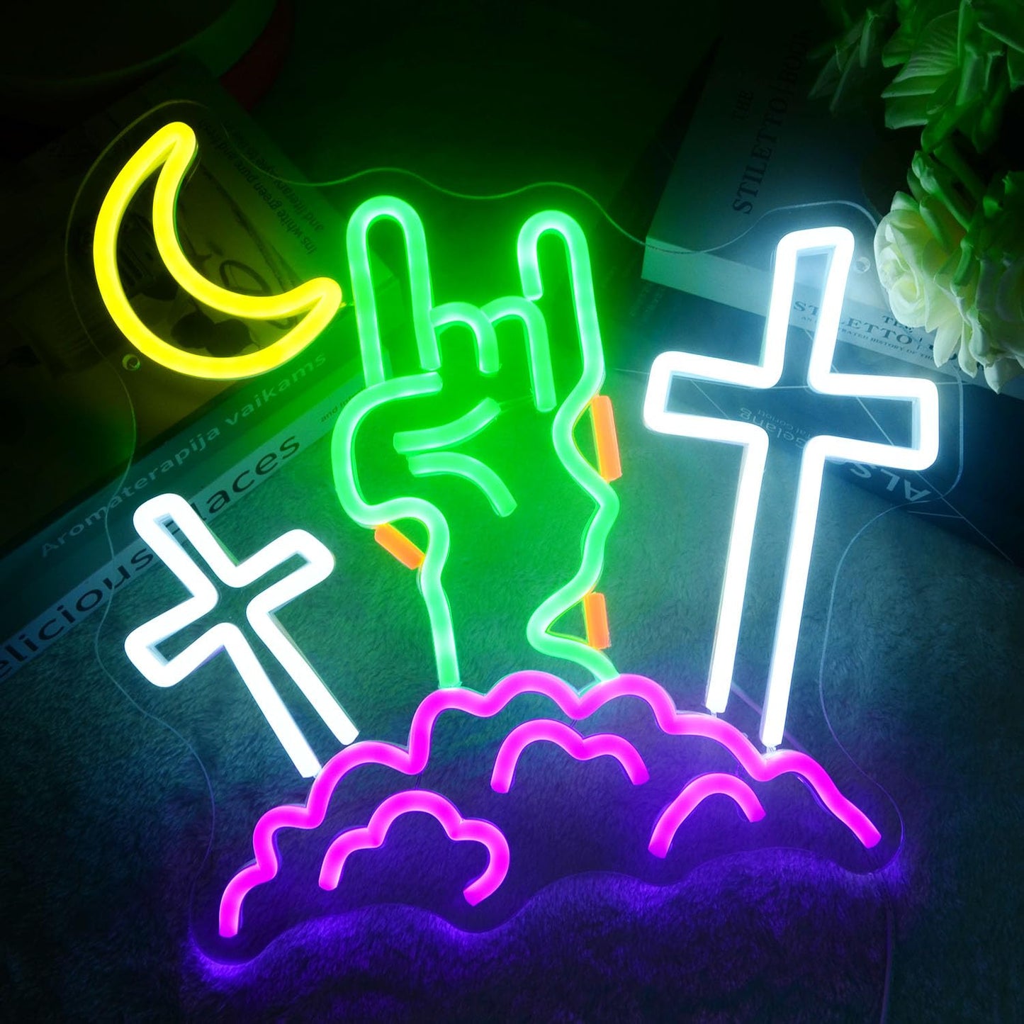 Halloween Devil Neon Sign Rock Gesture Cross With Moon and Cloud Neon LED Lights Zombie Spooky All Saints' Day Wall Neon Lamp for Halloween Party Bedroom Home Bar Pub Amusement Park Decor