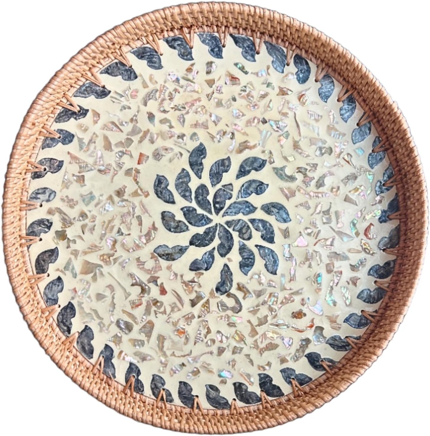 14" Terrekraft Large Rattan Serving Tray with Mother of Pearl, Round Coffee Table Tray Decor, Boho Decorative