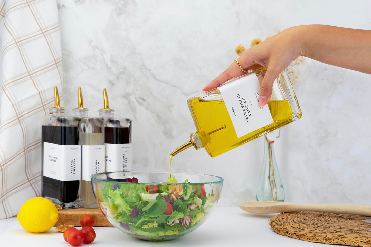 Molimoli Olive Oil Dispenser Bottle for Kitchen, Automatic Pourer, Glass Thin Bottle Dispenser for Kitchen, Olive Oil Cruet, | Set of 2 - Gold