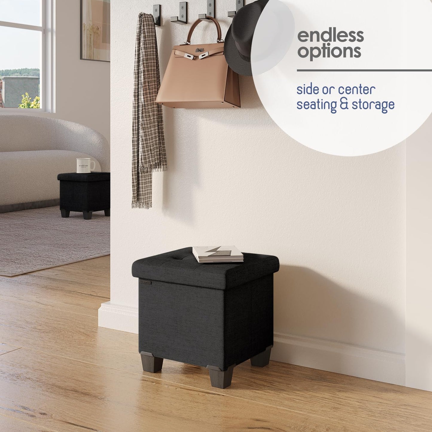 STORAGEBUD 15-in 330lbs, Storage Ottoman Cube with Small Bin, Square Ottoman with Storage for Living Room and Bedroom
