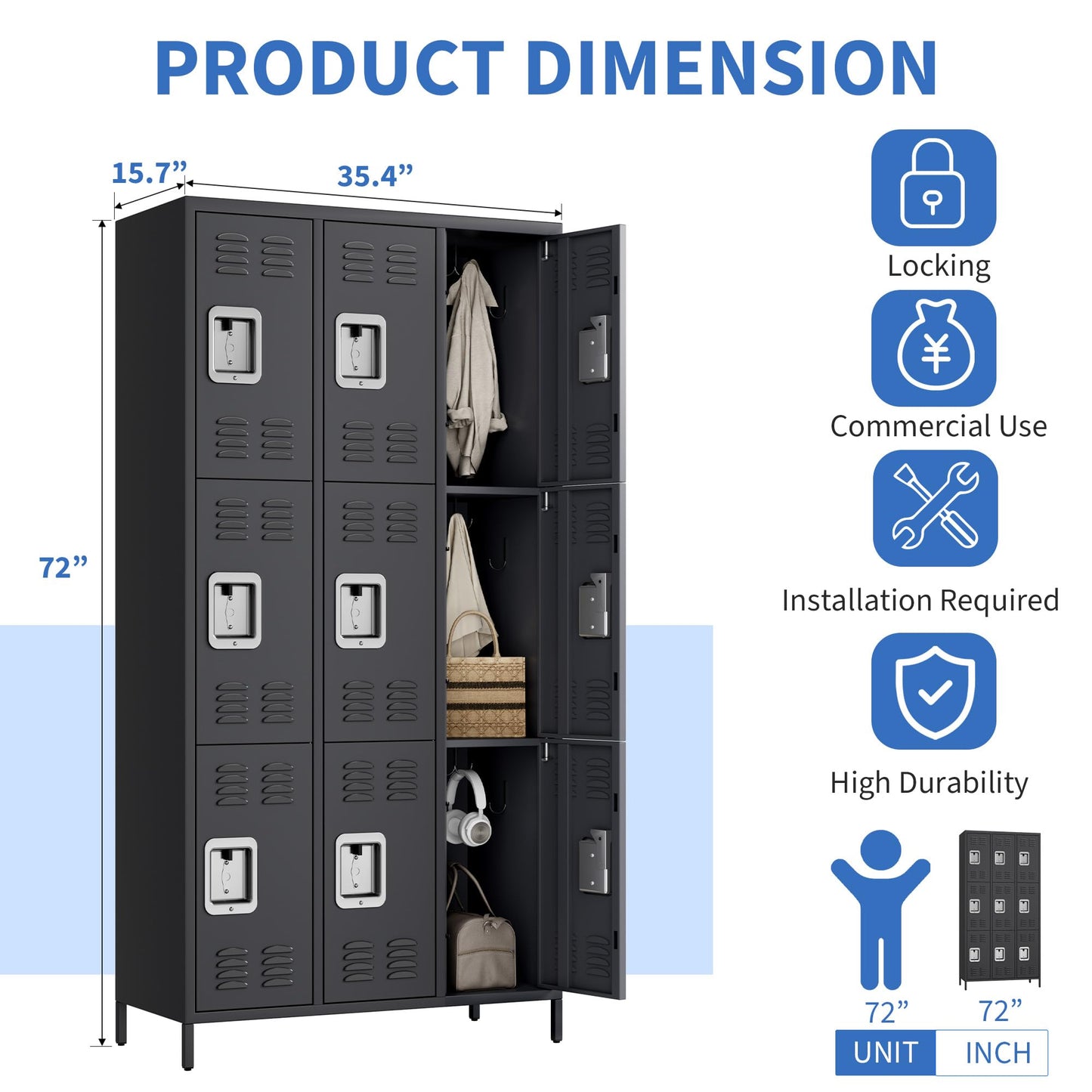 9 Doors Employee Lockers for Office, Metal Sorage Locker Combination, Lockable Employees Metal Locker With Door, Industrial Storage Lockers for Home, School, Gym