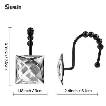 Sunlit Luxury Design Square Clear Diamond Crystal Gem Bling with Glide Balls Shower Curtain Hooks, Rust Proof Metal Rhinestones Glam Shower Curtain Rings with Black Hooks, Set of 12